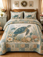 Vintage Ocean Turtle Beach Floral Patchwork 3‐Piece Quilted Bedding Set