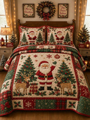 Santa Reindeer Xmas Tree Patchwork 3‐Piece Quilted Bedding Set