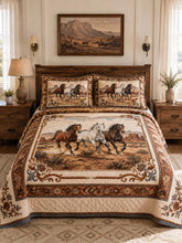 Equestrian Horse Patchwork Quilted 3-Piece Bedding Set – Vintage Country Quilted Bedding with Matching Pillow Shams