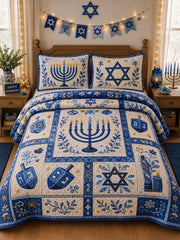 Hanukkah Menorah Dreidel Patchwork 3‐Piece Quilted Bedding Set