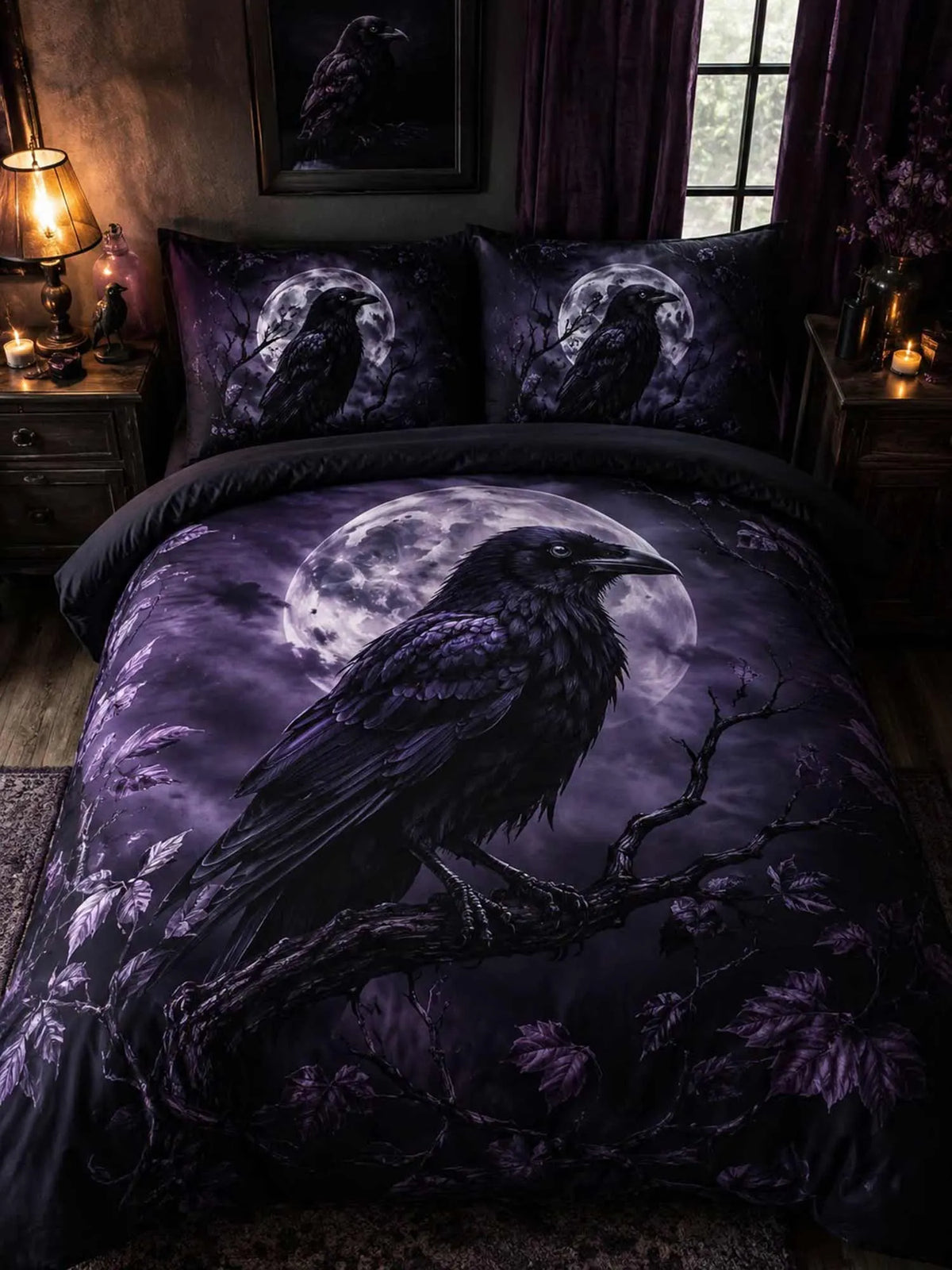 Moonlit Raven Nocturne 3‐Piece Quilted Bedding Set