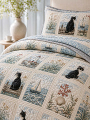 Coastal Lighthouse Cat Quilted 3-Piece Bedding Set