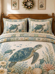 Vintage Ocean Turtle Beach Floral Patchwork 3‐Piece Quilted Bedding Set